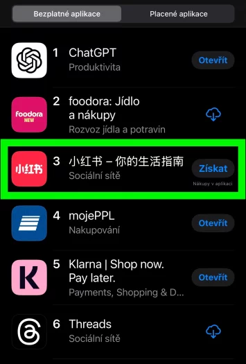 Aplikace REDnote je 3. nejstahovanější aplikací i v České republice.