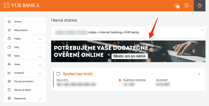 Dodatečné ověření klienta VÚB přes internetové bankovnictví banky. (05/2023)