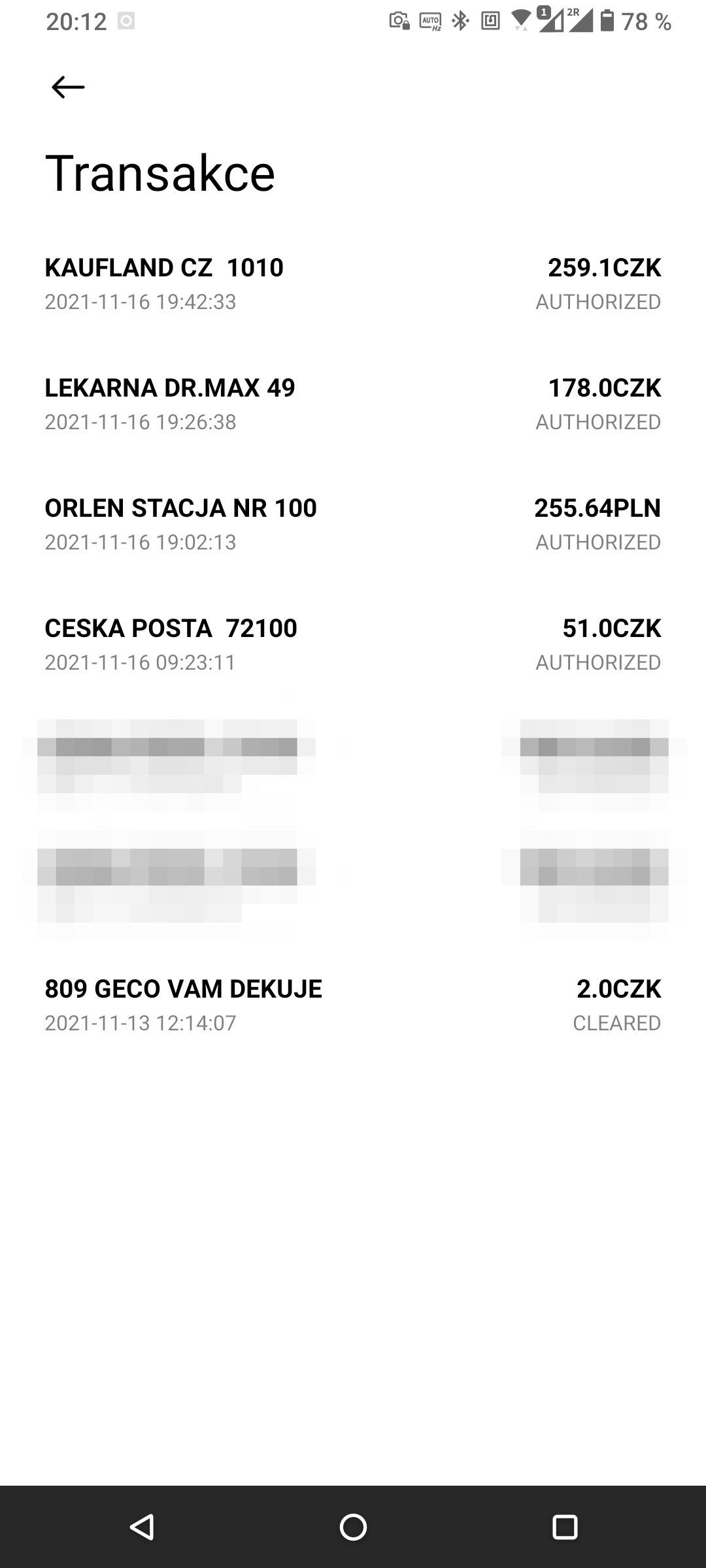Historie transakcí. (13. 11. 2021)