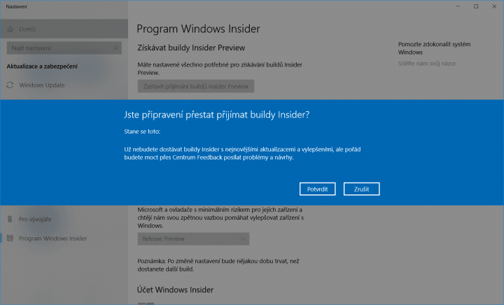 Potvrďte, že už nechcete získávat žádné testovací verze Windows 10