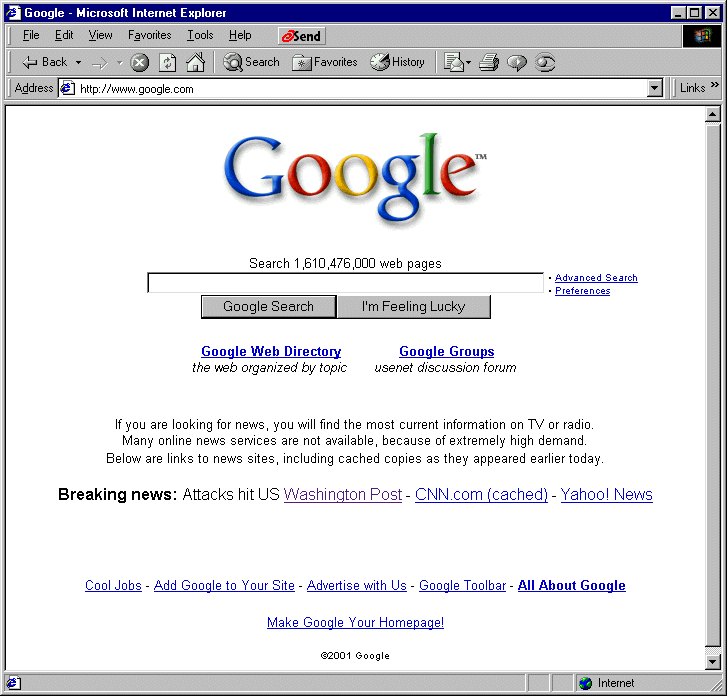 Hlavní stránka vyhledávače Google 11. září 2001