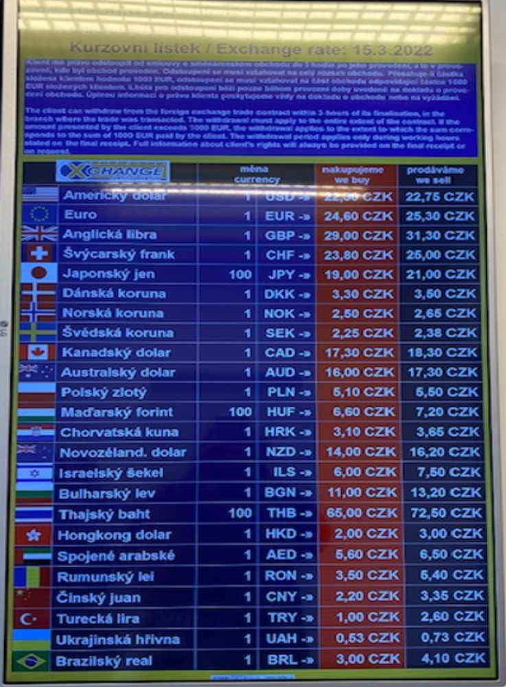 Kurzovní lístek společnosti XChange Grossmann, Praha, 15. 3. 2022