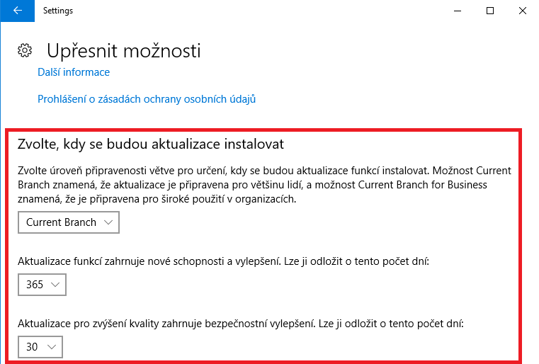 Nové možnosti pro odložení aktualizací ve Windows 10 Creators Update