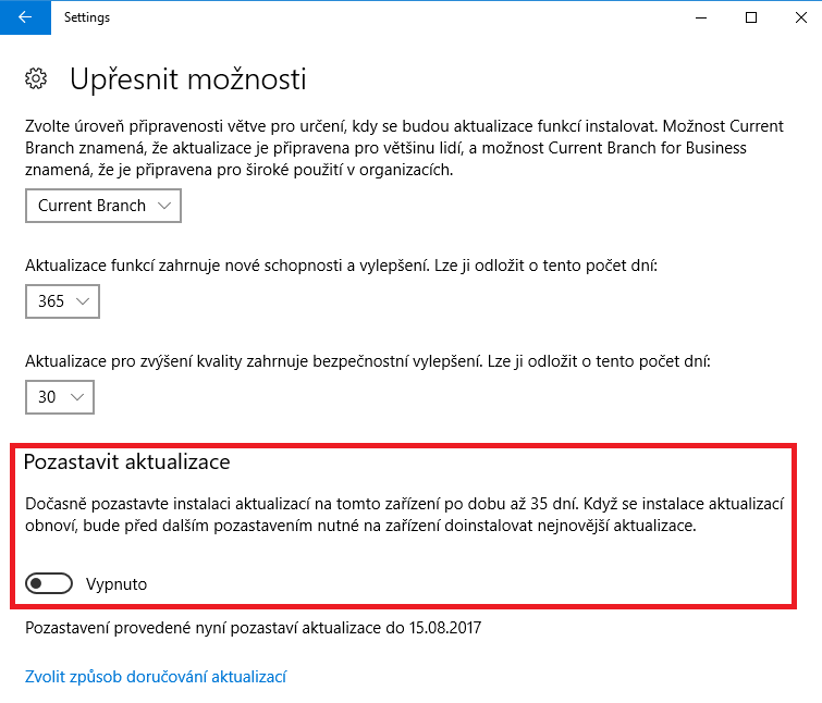 Verze operačního systému Windows 10 Creators Update rovněž obsahuje globální možnost pro pozastavení aktualizací, a to až na 35 dní