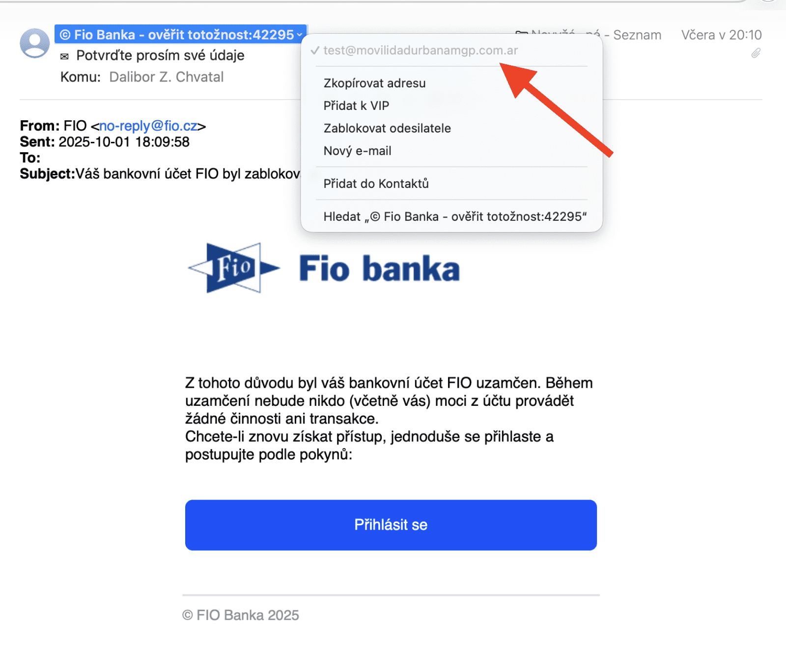 Podvodný e-mail odkazující na podvodný web ib-fio-cz.co-nz.es v barvách Fio banky. (19. 09. 2025)