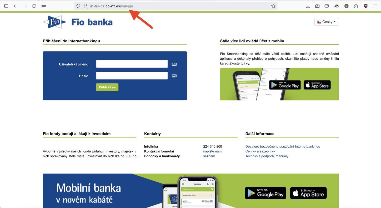 Podvodný web ib-fio-cz.co-nz.es v barvách Fio banky. (19. 09. 2025)