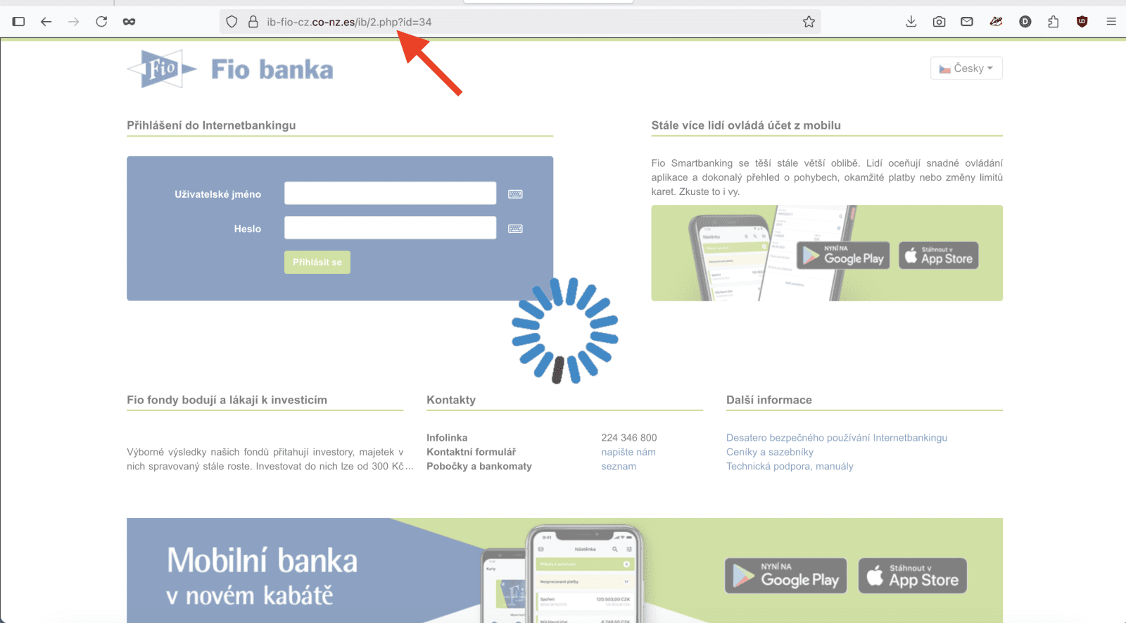 Podvodný web ib-fio-cz.co-nz.es v barvách Fio banky. (19. 09. 2025)