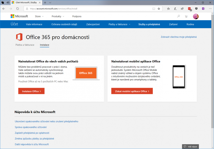 Office 365 můžete spravovat na stejném místě jako svůj účet Microsoft