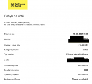 mBank nově podporuje i odchozí okamžité platby. Příchozí platba z mBank do Raiffeisenbank. (19. 3. 2021)