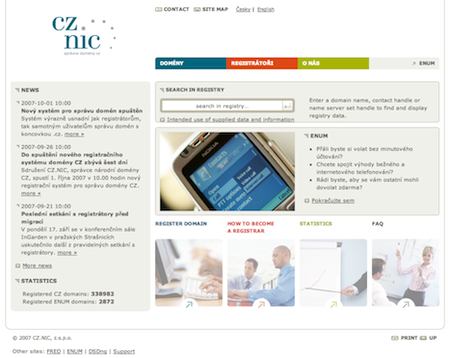 Web správce české národní domény CZ.NIC tak, jak vypadal letech 2007 až 2013.