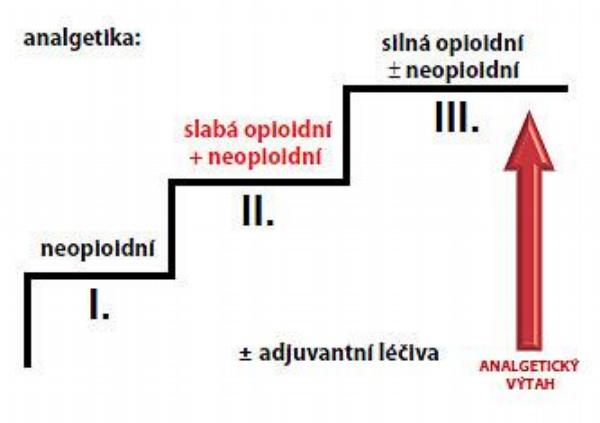 Obr. 1. – WHO žebříček pro nádorovou bolest doplněný „analgetickým výtahem“
(„elevator“)(2, 3)