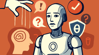 Ilustrace zobrazuje humanoidního robota pod vlivem psychologických triků, kdy nad ním visí loutkařská ruka, v pozadí jsou symboly manipulace, otazníky a bezpečnostní ikony.