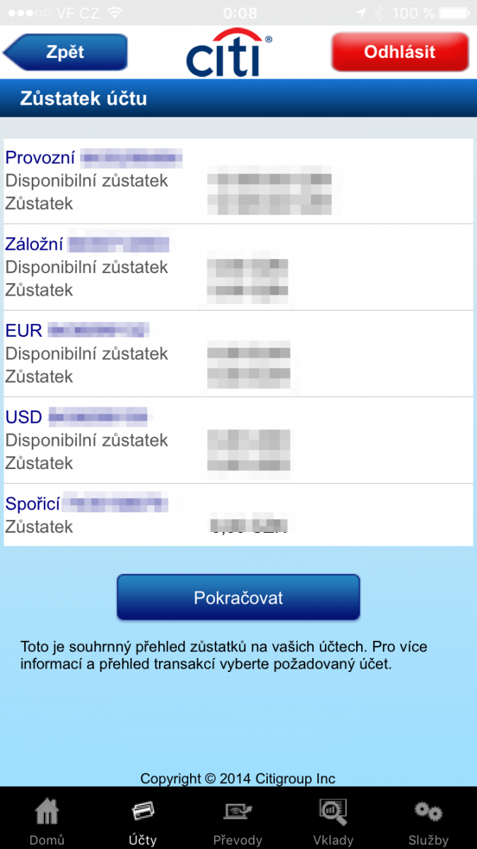 Mobilní aplikace pro iOS. Stav a přehled účtů.