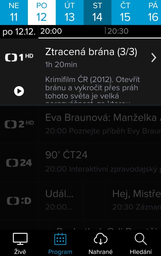Po klepnutí na šipku vpravo nahoře získáte o pořadu dodatečné informace. A objeví se také tlačítko pro nahrání pořadu (viz další obrazovka).