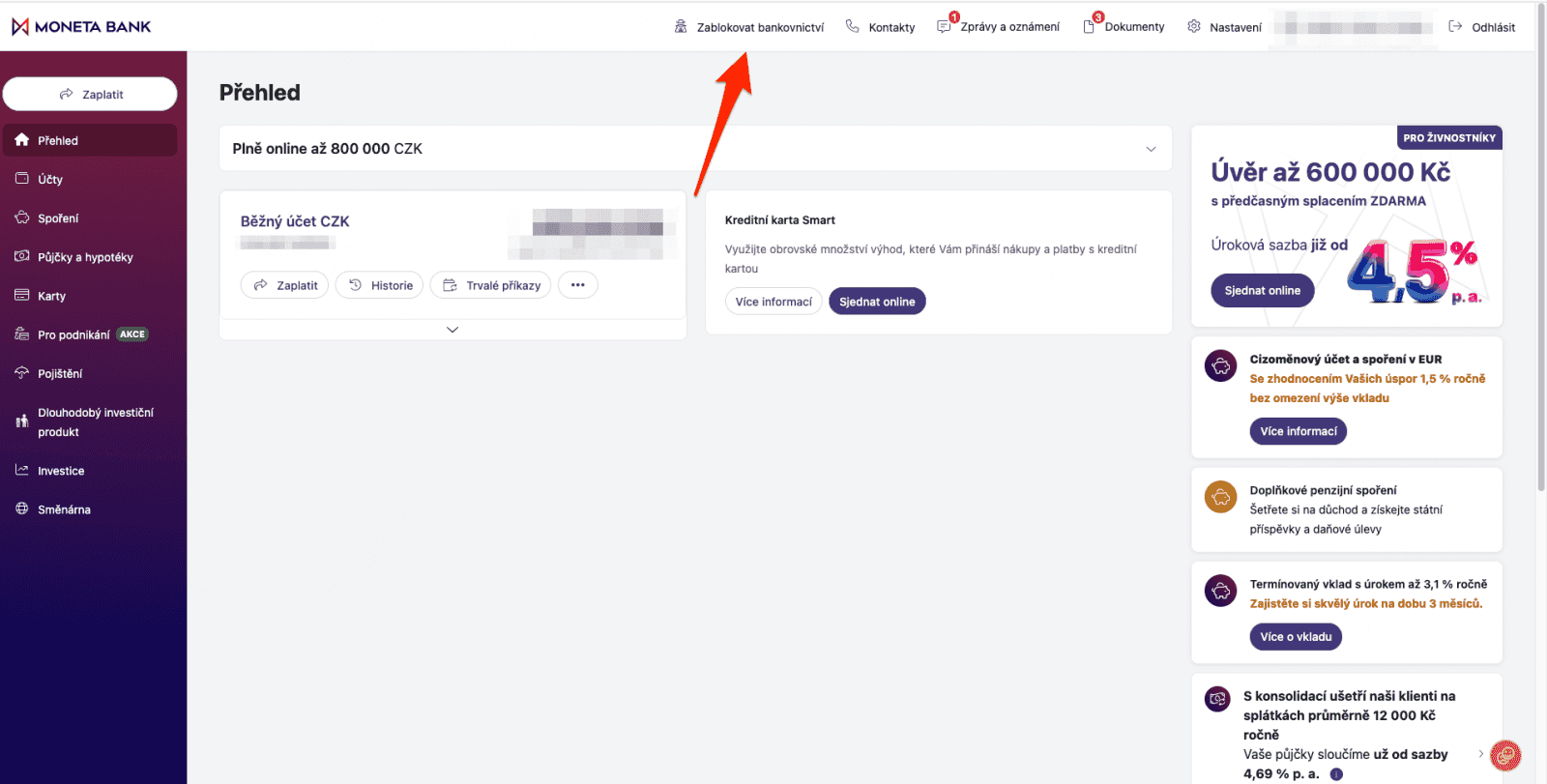 Tzv. kill button (tlačítko pro vypnutí všeho) zablokuje všechny online přístupy do MONETA Bank. (20. 06. 2025)