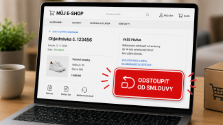 Obrázek počítače s e-shopem a velkým tlačítek pro odstoupení od smlouvy