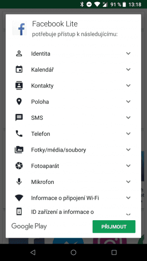 Facebook Lite chce při instalaci všechno