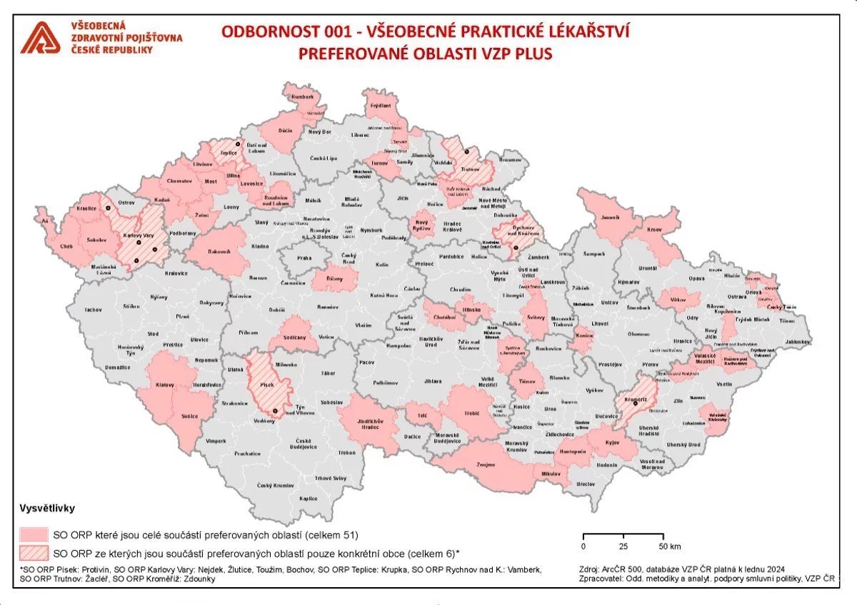 Mapa míst, ve kterých VZP preferuje uzavření smluv s praktickými lékaři pro dospělé a za otevření nové praxe nabízí finanční pobídku z programu VZP Plus. Údaje jsou platné k 1. únoru 2024.