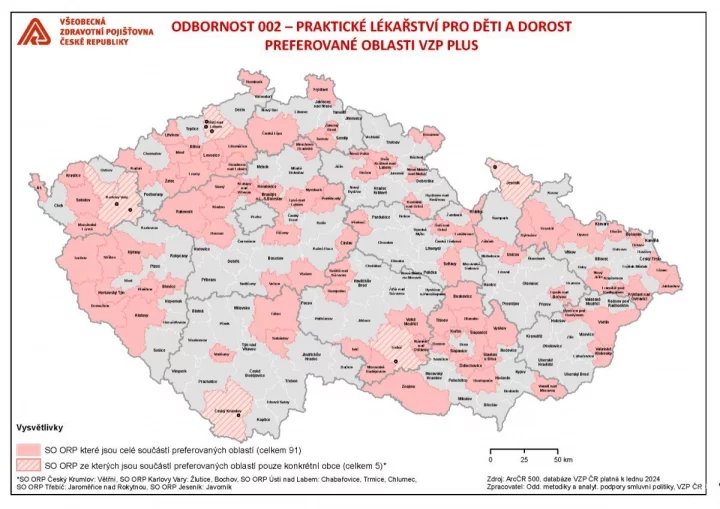 Mapa míst, ve kterých VZP preferuje uzavření smluv s dětskými praktiky a za otevření nové praxe nabízí finanční pobídku z programu VZP Plus. Údaje jsou platné k 1. únoru 2024.