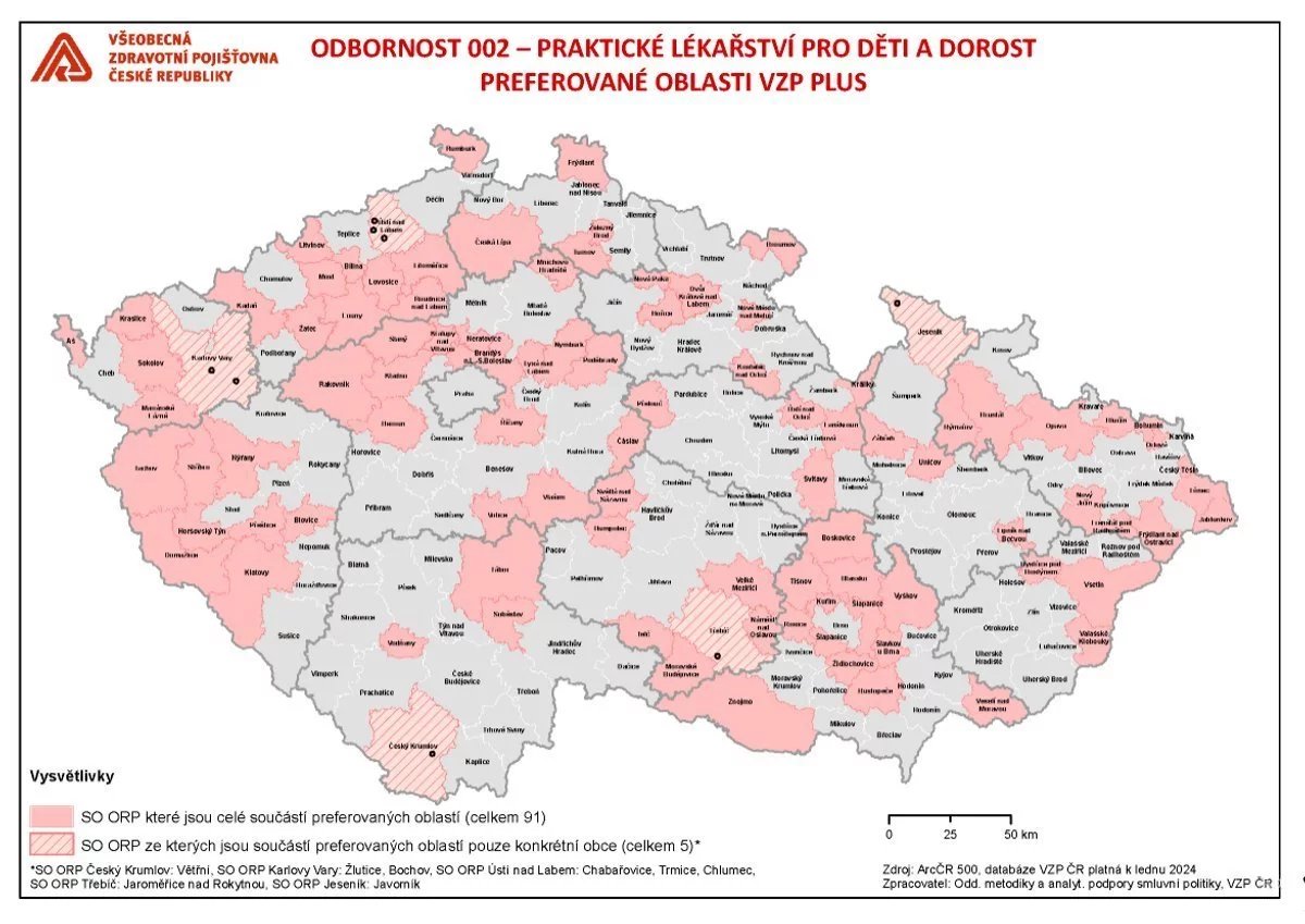 Mapa míst, ve kterých VZP preferuje uzavření smluv s dětskými praktiky a za otevření nové praxe nabízí finanční pobídku z programu VZP Plus. Údaje jsou platné k 1. únoru 2024.
