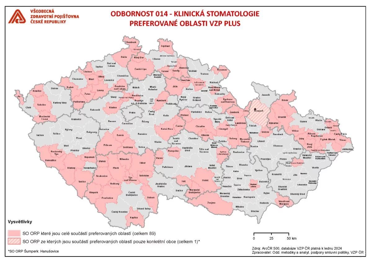 Mapa míst, ve kterých VZP preferuje uzavření smluv se zubaři a za otevření nové praxe nabízí finanční pobídku z programu VZP Plus. Údaje jsou platné k 1. únoru 2024.