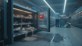 Rozmrzlé zboží v chladicím boxu supermarketu, displej ukazuje 50 °C