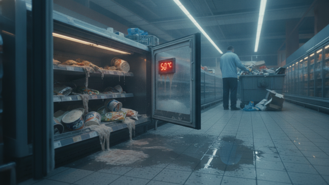 Rozmrzlé zboží v chladicím boxu supermarketu, displej ukazuje 50 °C