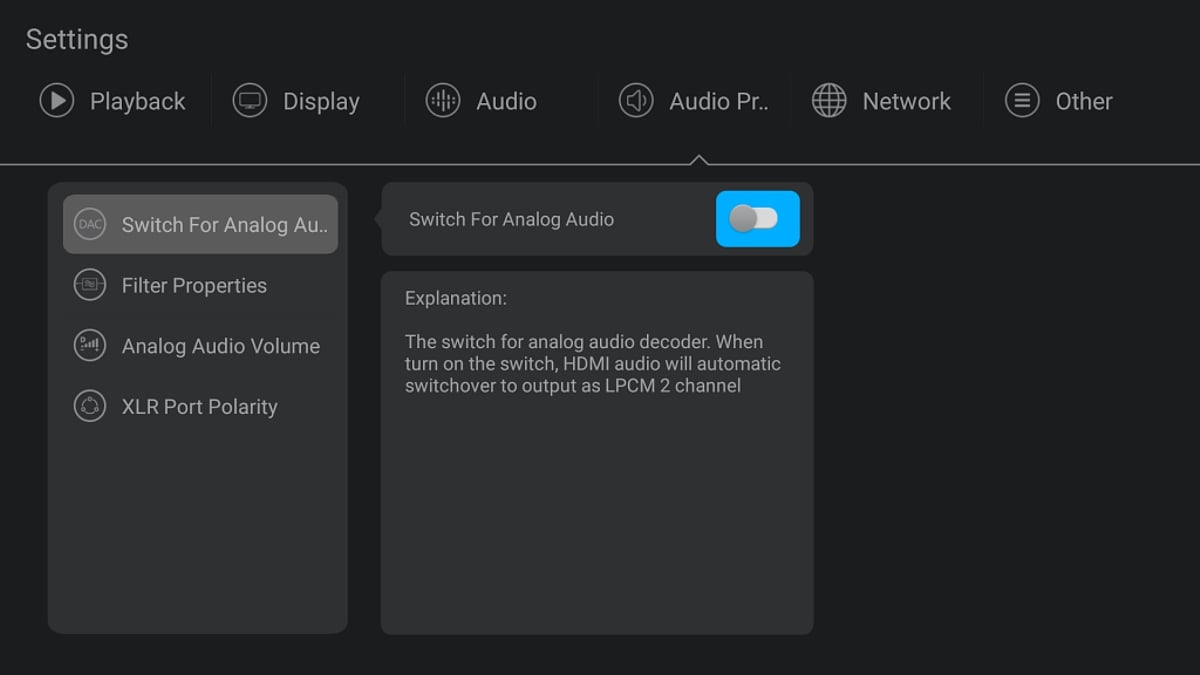Nastavení audia, DAC čipu a XLR výstupu