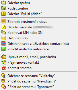 Po kliknutí pravým tlačítkem myši získá uživatel přístup k akcím, které lze s kontaktem provádět