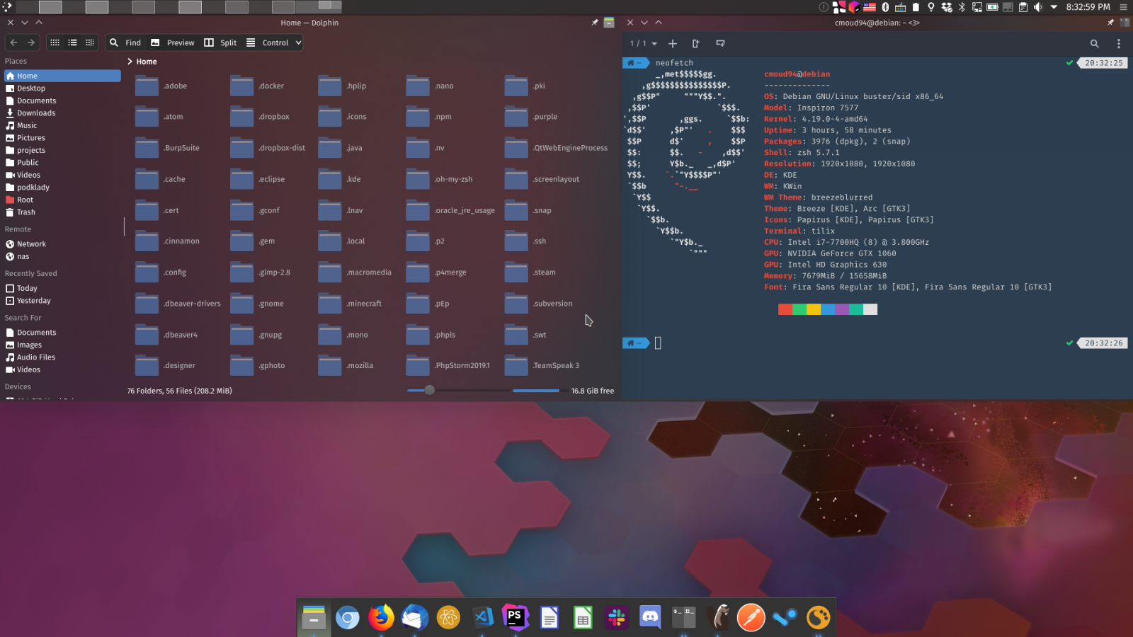 Debian buster (testing), KDE w/ akava-kv kvantum theme, zsh w/ oh-my-zsh and base16-flat color scheme, plank dock, dolphin file manager, tilix, papirus icon theme
