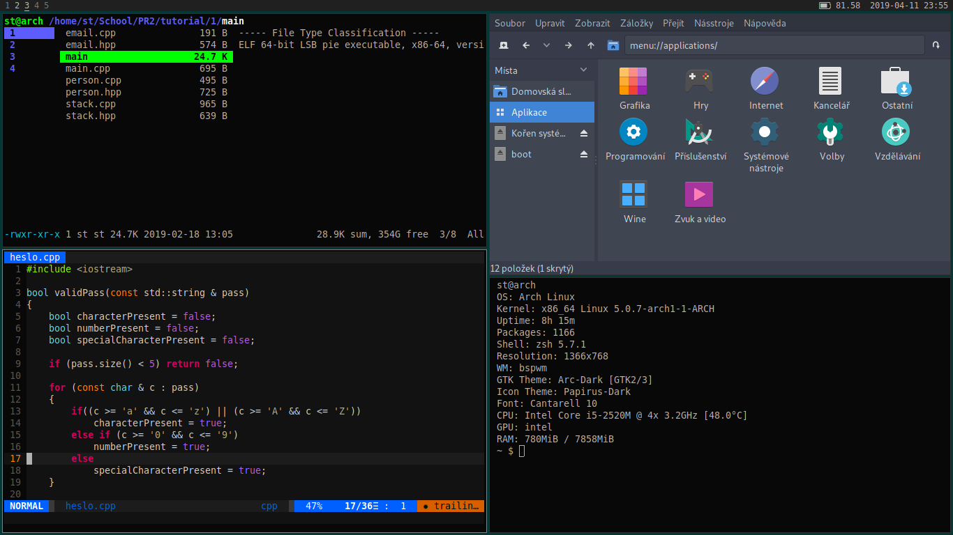 bspwm, lemonbar-xft, xterm, ranger, vim, pcmanfm