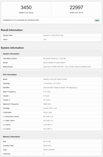 Intel Core Ultra 9 285K v testu Geekbench 6