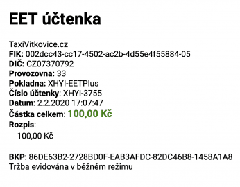 Ukázka elektronické EET stvrzenky z aplikace EET Plus.