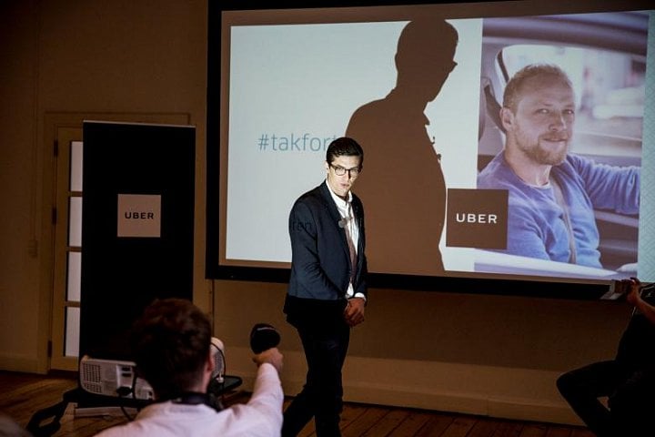 Uber Denmark's spokesperson Kristian Agerbo is seen during a news conference to announce Uber's end of service in Denmark due to a taxi law that sets out new requirements for drivers such as mandatory fare meters, in Copengagen, Denmark March 28, 2017. Scanpix Denmark/Nikolai Linares/via Reuters