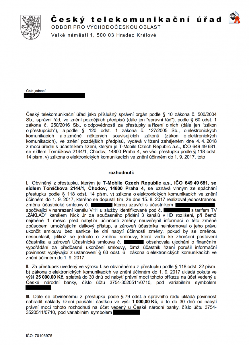 Spor předplatitele T-Mobile o neoznámeném vyřazení kanálu VH1