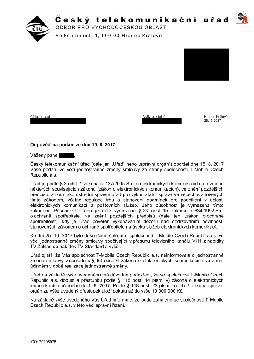 Spor předplatitele T-Mobile o neoznámeném vyřazení kanálu VH1