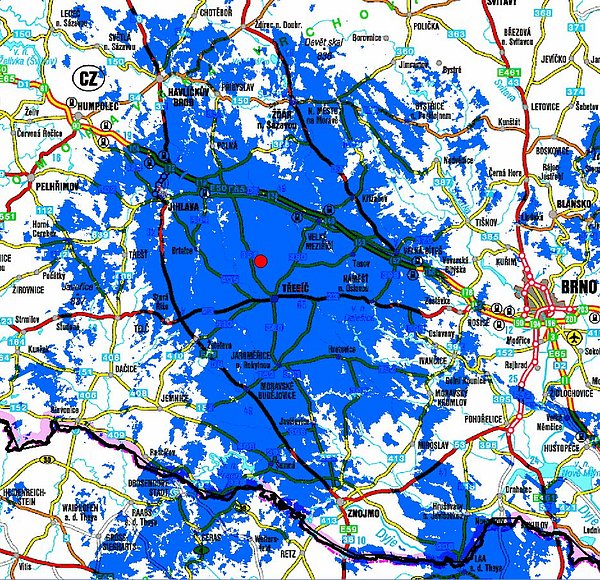 Předpokládaný zásah signálem multiplexu 4 na Třebíčsku.