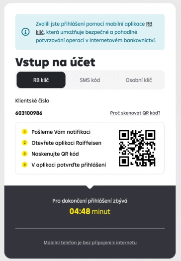 Do internetového bankovnictví Raiffeisenank se nově budete přihlašovat pomocí skenu QR kódu přes mobilní aplikaci Raiffeisen bankovnictví nebo RB klíč (11. 4. 2024)