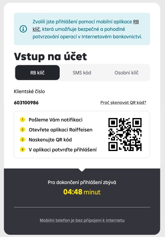 Do internetového bankovnictví Raiffeisenank se nově budete přihlašovat pomocí skenu QR kódu přes mobilní aplikaci Raiffeisen bankovnictví nebo RB klíč (11. 4. 2024)