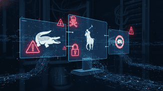 Ilustrace kybernetického útoku na luxusní módní značky Lacoste, Ralph Lauren a Canada Goose s digitálními glitch efekty a úniky dat