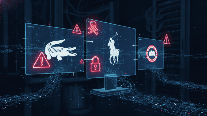 Ilustrace kybernetického útoku na luxusní módní značky Lacoste, Ralph Lauren a Canada Goose s digitálními glitch efekty a úniky dat