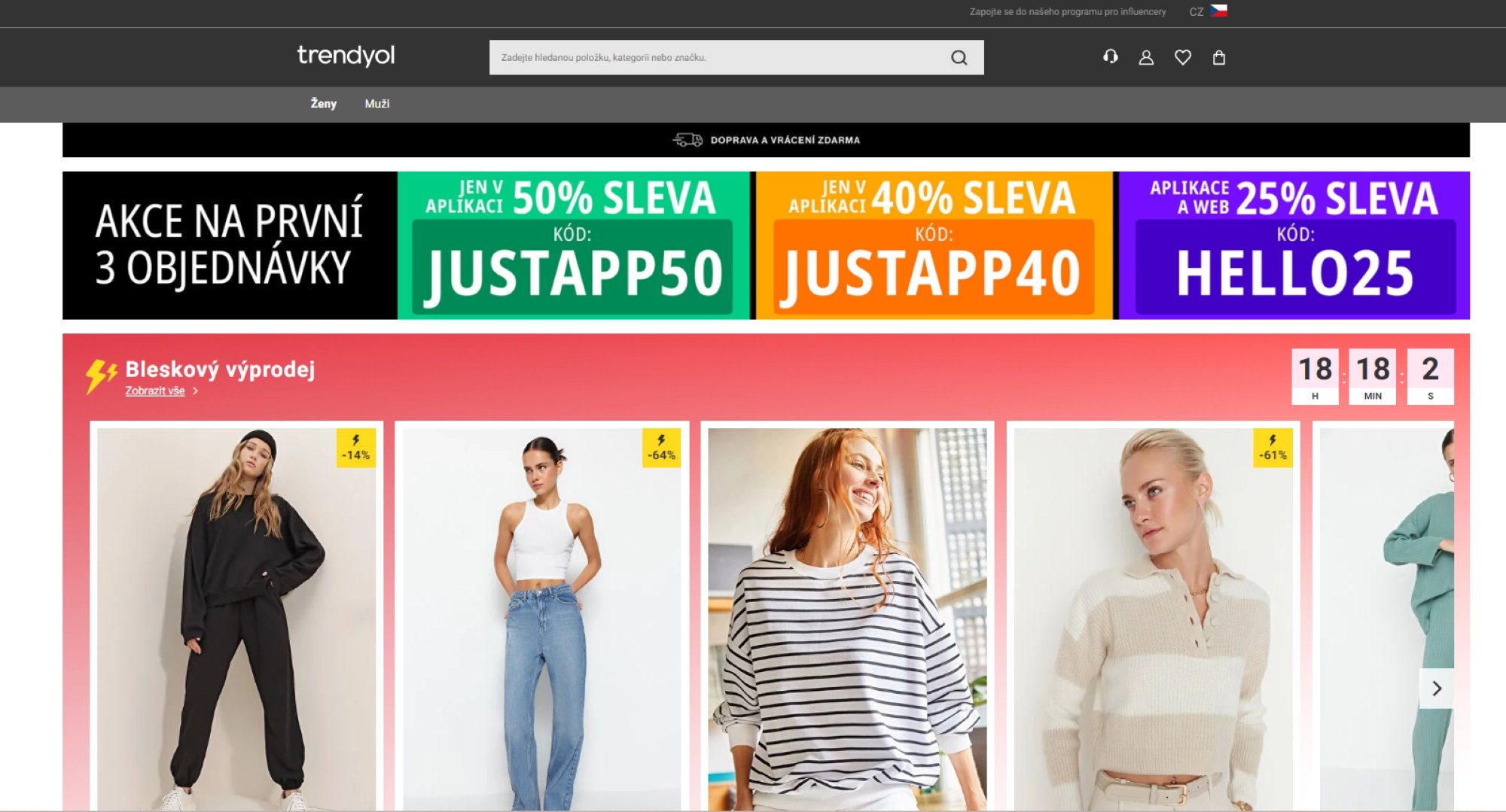 Ukázka Trendyol webu s českými texty
