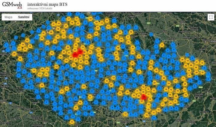 Mapa vysílačů Vodafonu