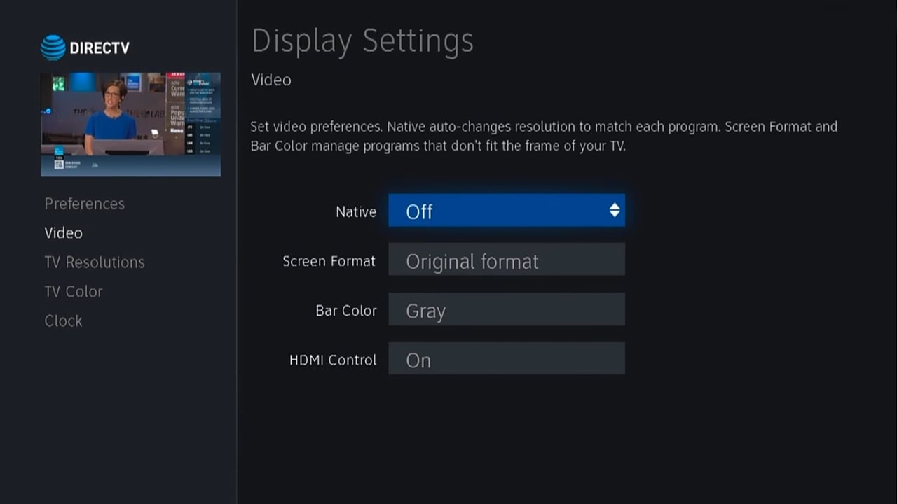 DIRECTTV - Nastavení zobrazení a rozlišení