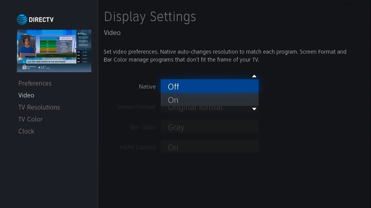 DIRECTTV - Nastavení zobrazení a rozlišení