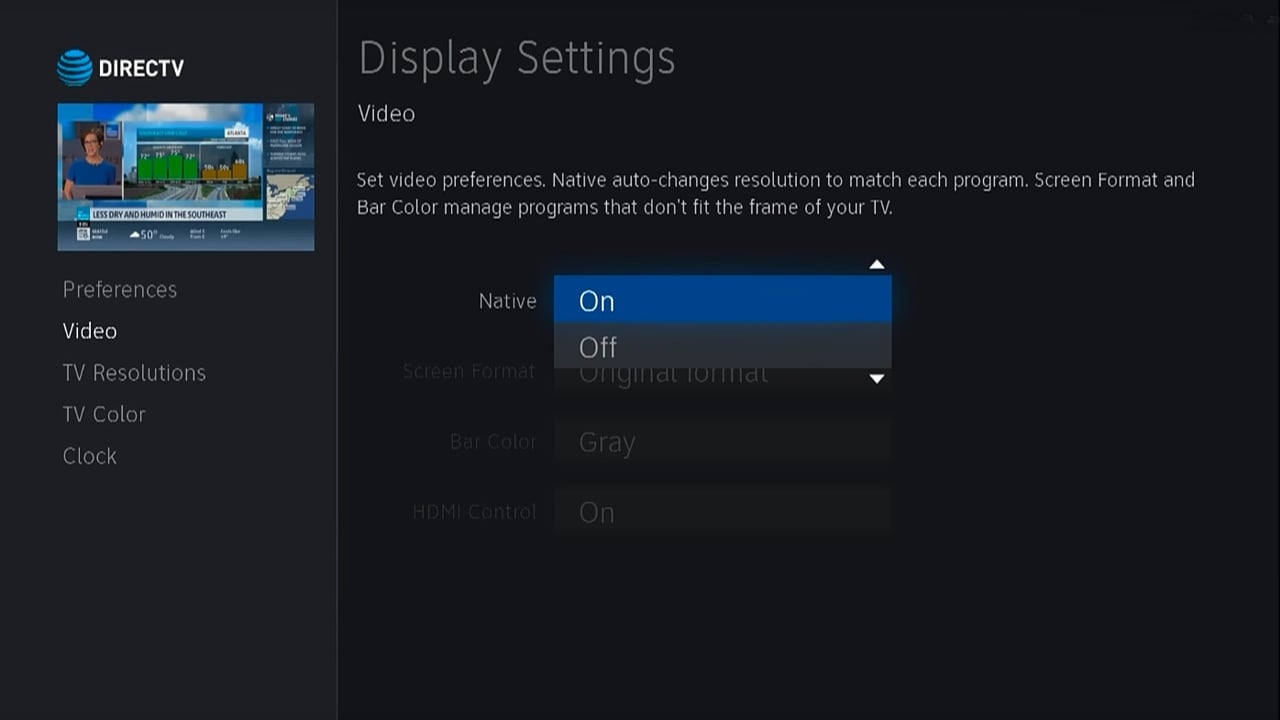 DIRECTTV - Nastavení zobrazení a rozlišení