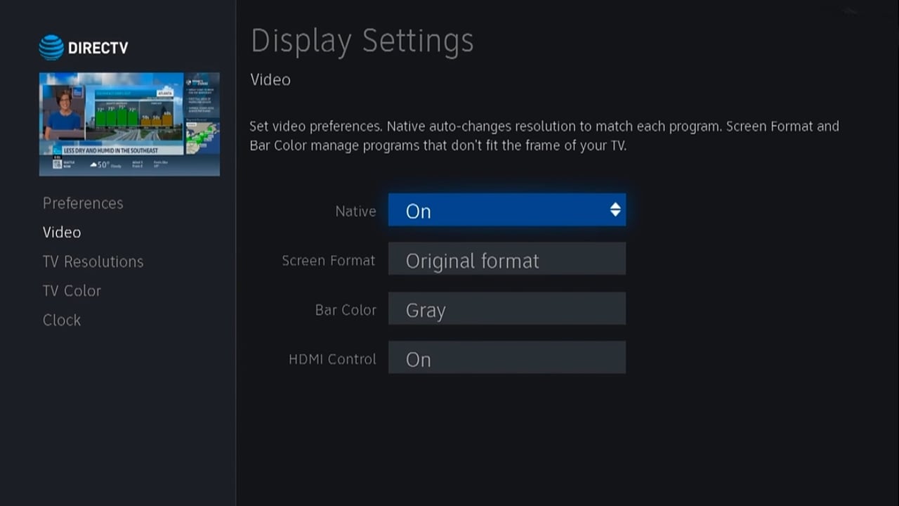 DIRECTTV - Nastavení zobrazení a rozlišení