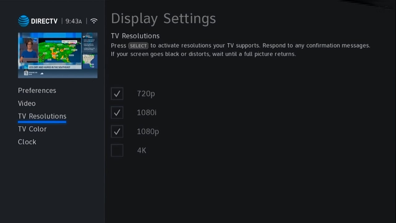 DIRECTTV - Nastavení zobrazení a rozlišení