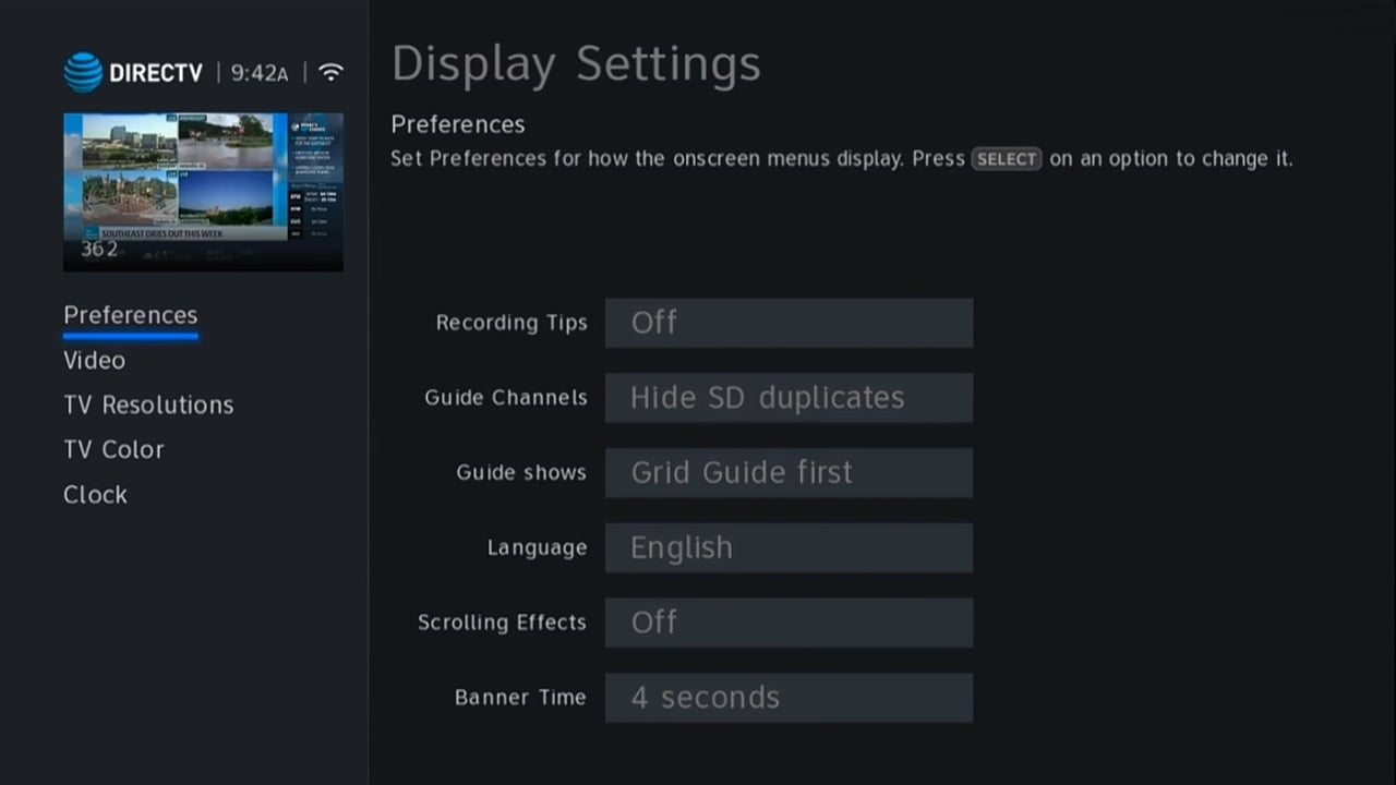 DIRECTTV - Nastavení zobrazení a rozlišení