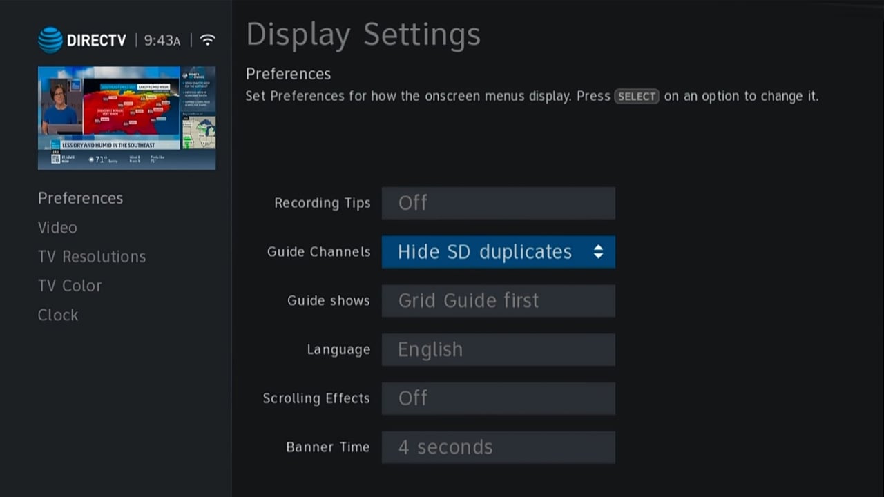 DIRECTTV - Nastavení zobrazení a rozlišení